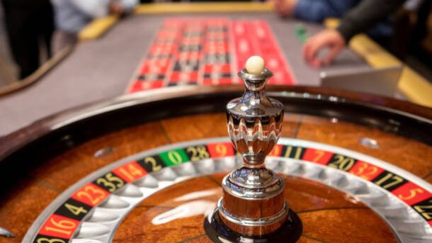Close up of roulette wheel at the casino - Focus on foreground