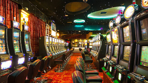 A Slot machines room in an empty Casino just before the opening time.
