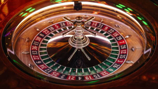 Close up shot of professional roulette spinning wheel in casino